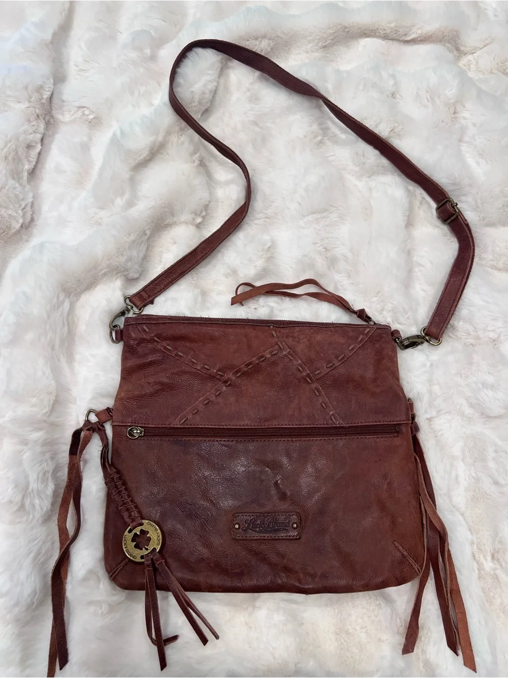 Lucky Brand Medium Brown Leather Patchwork Crossbody with Tassels